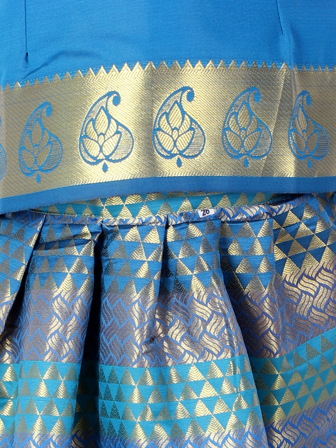 BownBee Half Sleeves Paisley And Triangles Detail Pavda Pattu Lehenga Choli - Blue