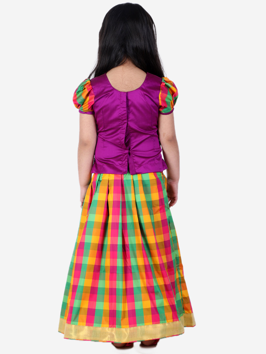 BownBee Puffed Sleeves Checkered Detail Pavda Pattu Lehenga Choli - Purple