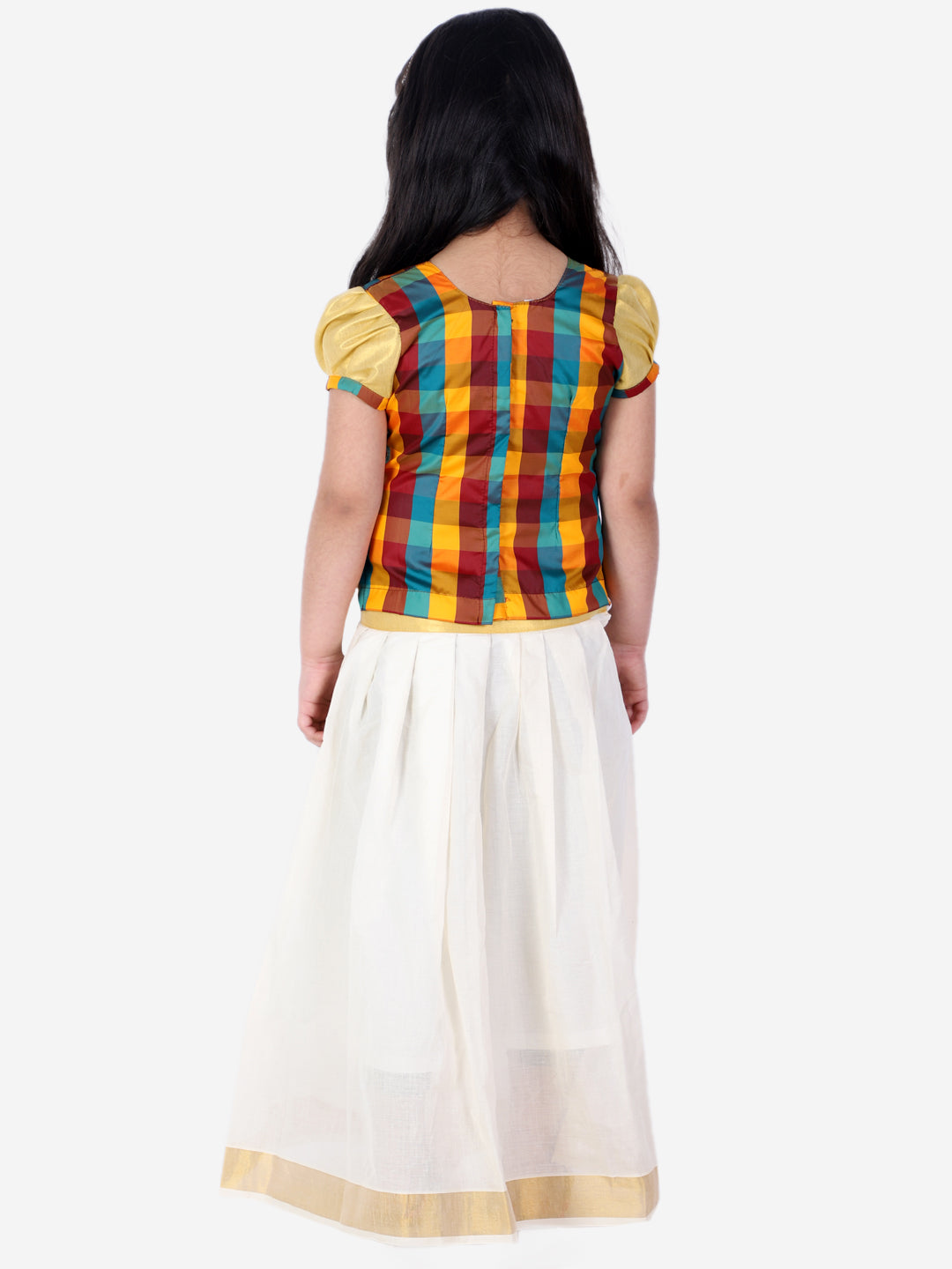 BownBee Puffed Sleeves Checkered Detail Pavda Pattu Lehenga Choli - Multicolor