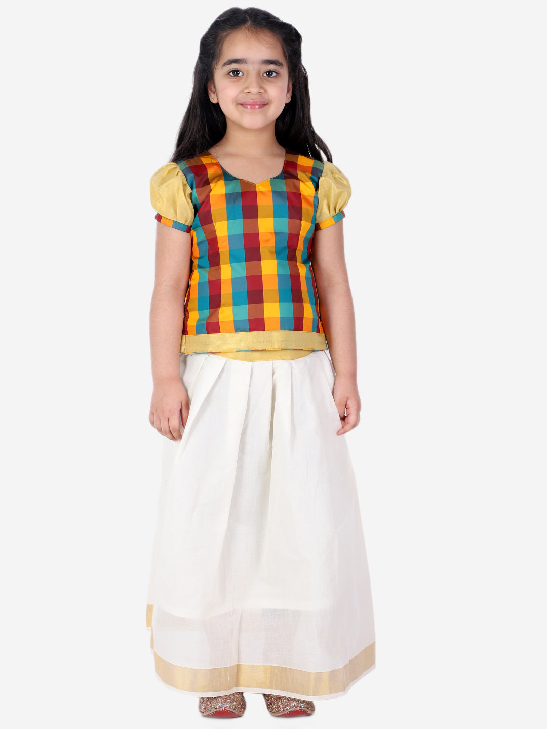 BownBee Puffed Sleeves Checkered Detail Pavda Pattu Lehenga Choli - Multicolor