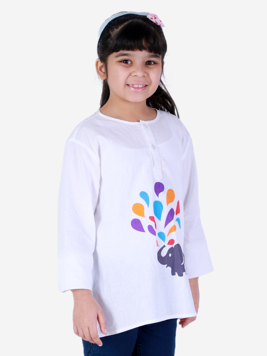 BownBee 100% Cotton Full Sleeve Holi Theme Colour Water Droplets & Elephant Printed Kurta - White
