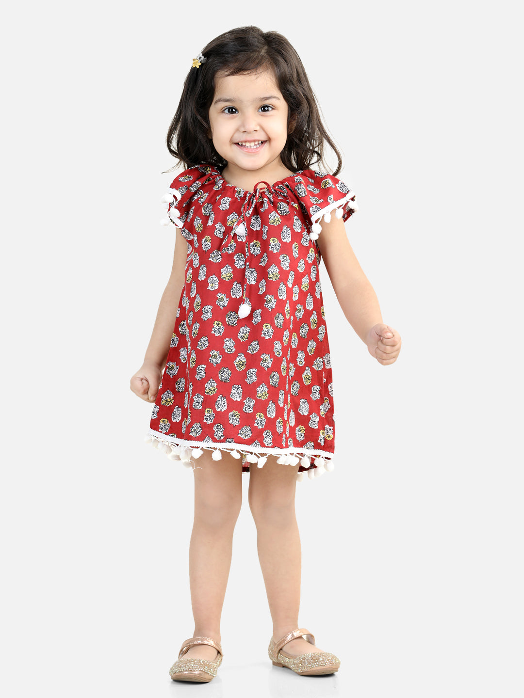 BownBee 100% Cotton Printed with Pompom Jhabla Frock for Girls- Maroon