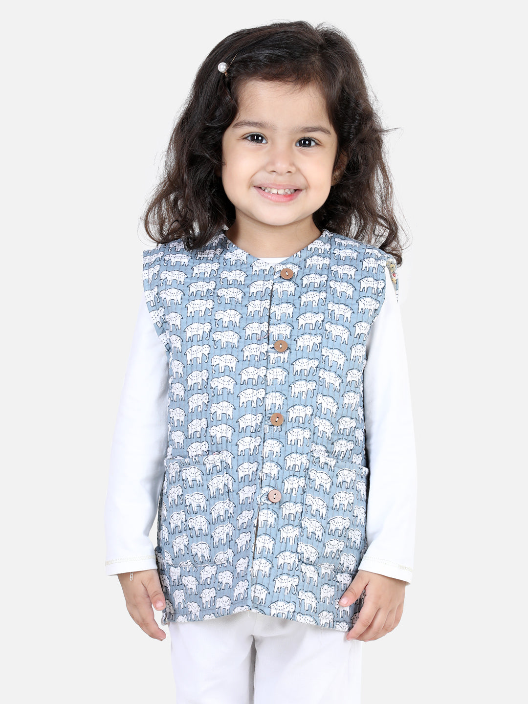 BownBee Sleeveless Floral & Elephant Design Reversible Jacket - Grey