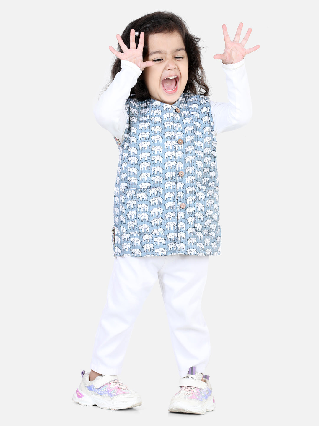 BownBee Sleeveless Floral & Elephant Design Reversible Jacket - Grey