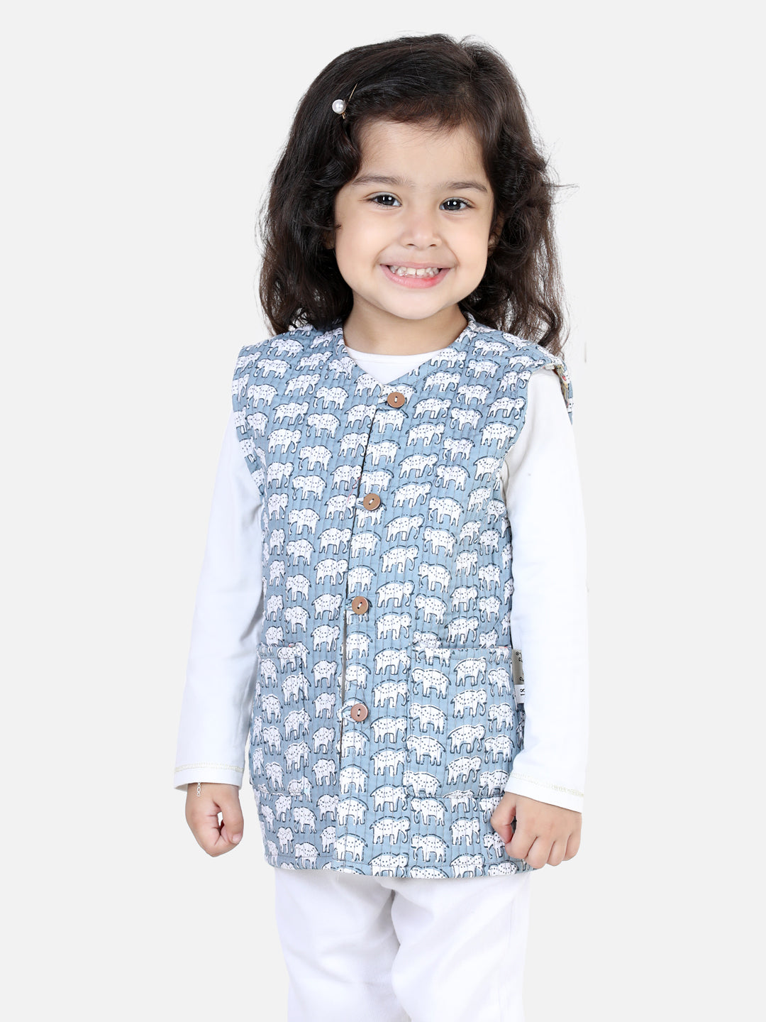 BownBee Sleeveless Floral & Elephant Design Reversible Jacket - Grey