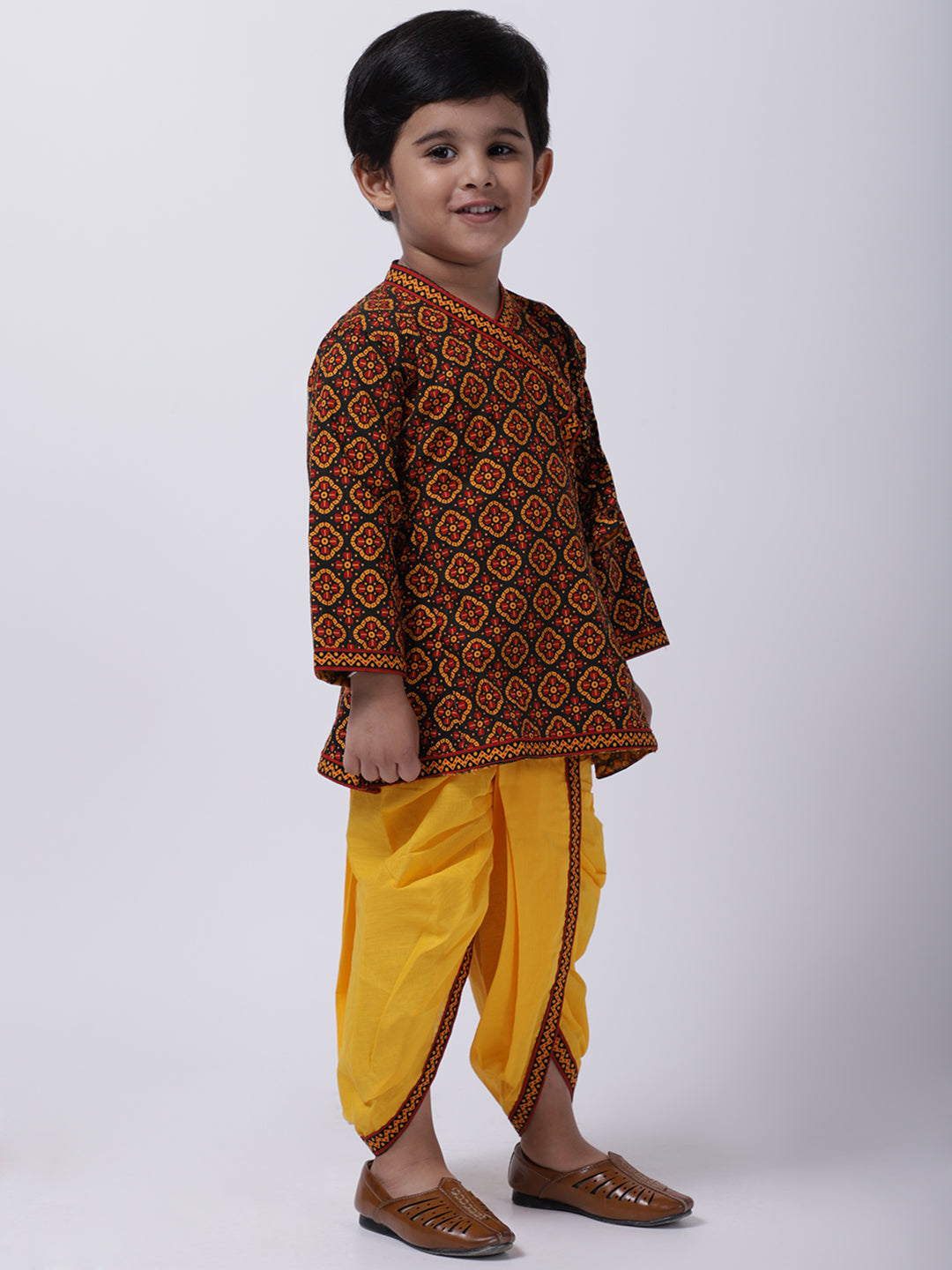 BownBee Jaipuri Print Full Sleeves Angrakha Style Kurta & Dhoti Set - Black