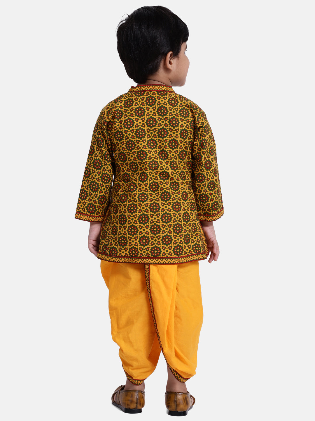 BownBee Full Sleeves Motif Print Kurta With Dhoti - Green & Yellow