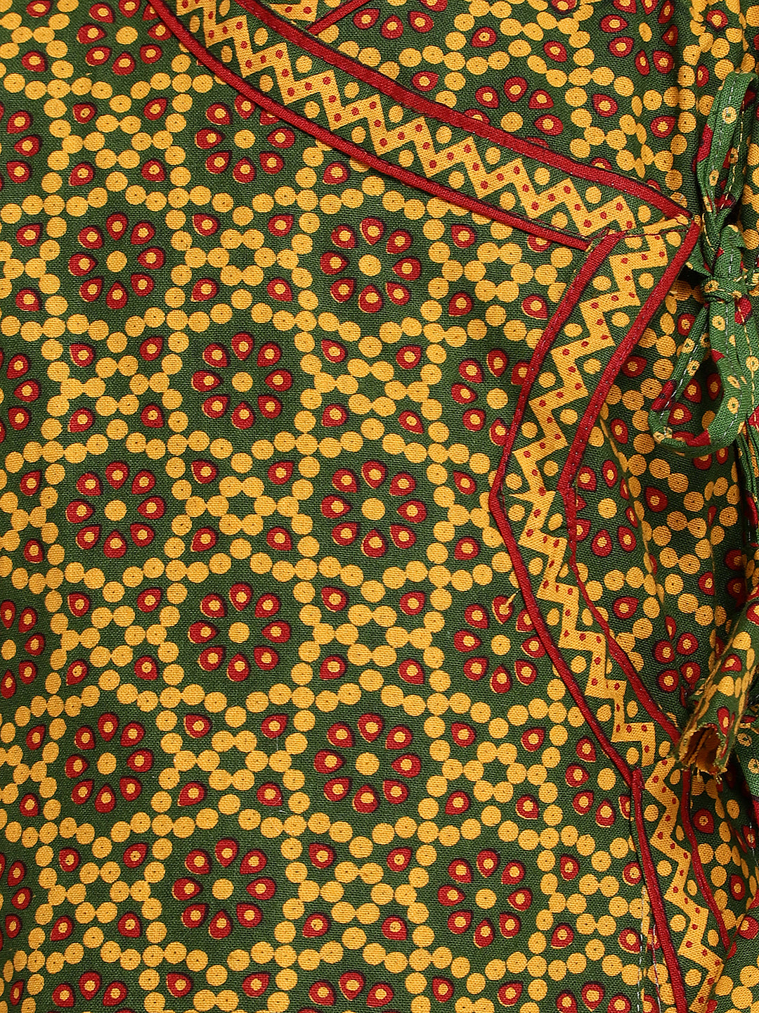 BownBee Full Sleeves Lattice All Over Printed Angrakha Kurta With Trim Detail Dhoti Set - Green & Yellow