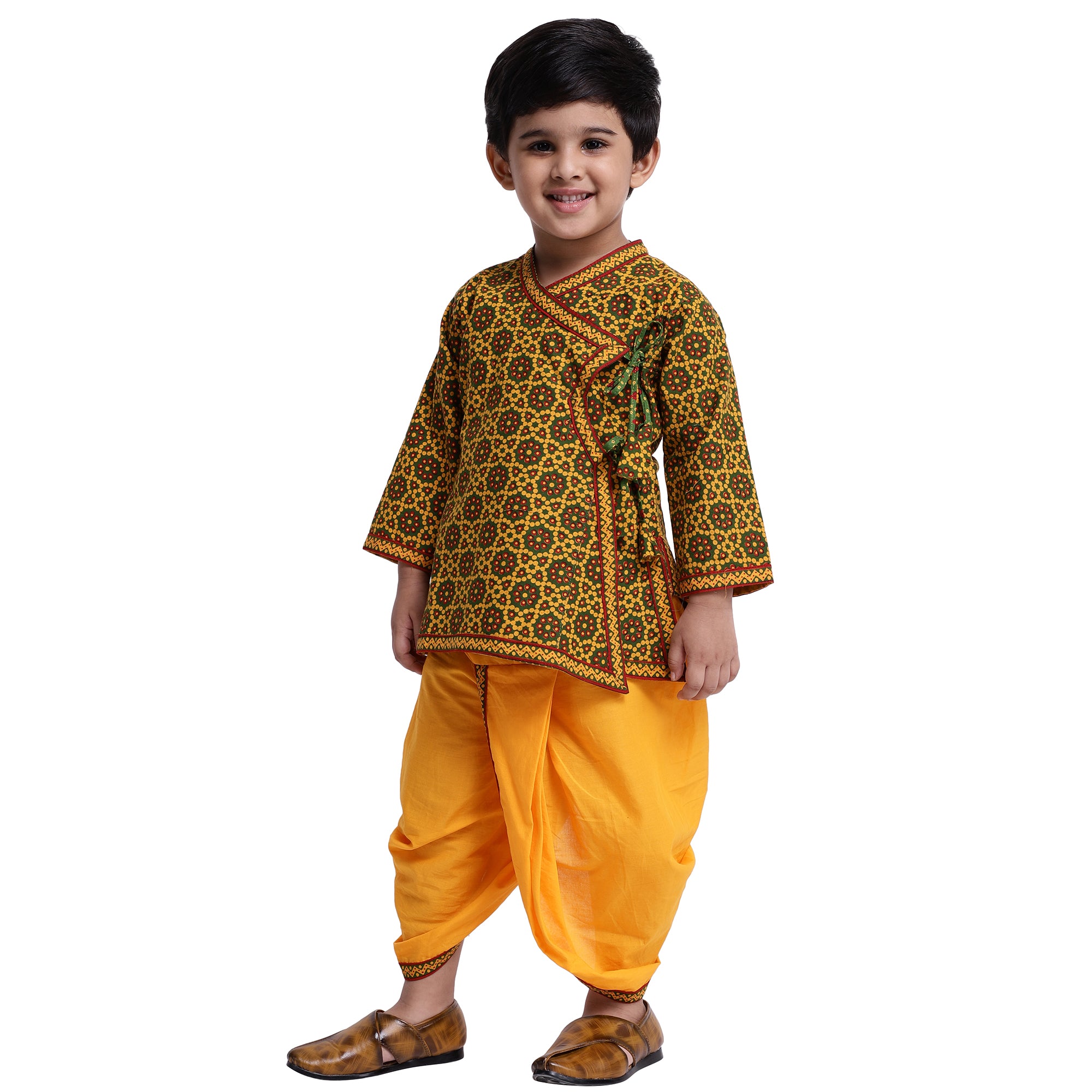 BownBee Full Sleeves Motif Print Kurta With Dhoti - Green & Yellow