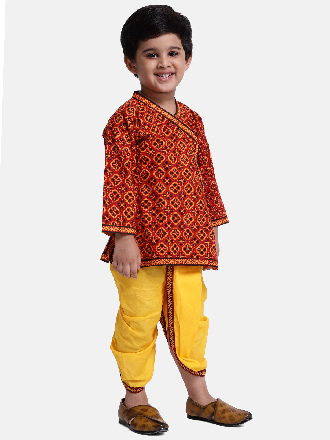 BownBee Full Sleeves All Over Printed Kurta With Dhoti - Red & Yellow