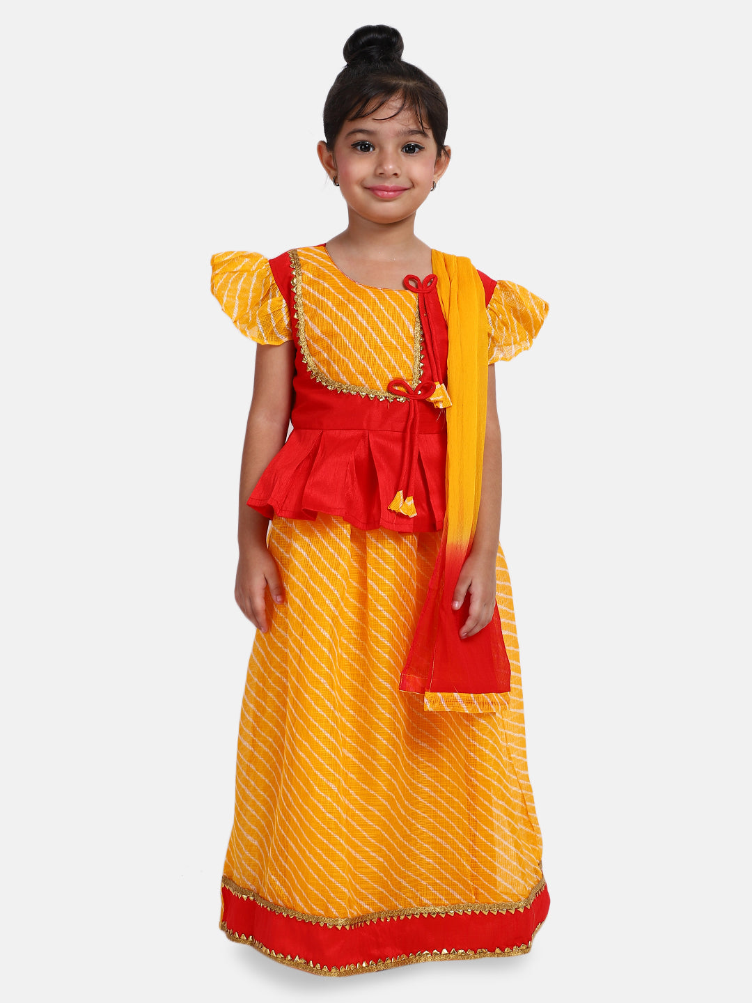 BownBee Short Sleeves Kurta With Striped Pattern Lehenga & Dupatta  - Yellow