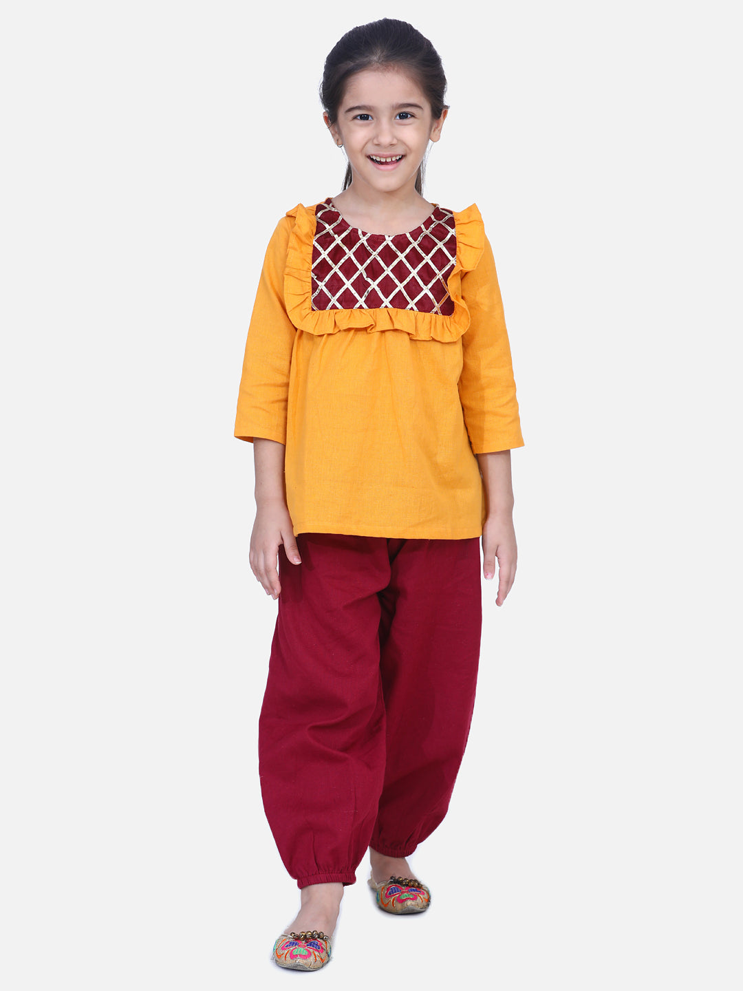 BownBee Full Sleeves Checked Detailed Yoke Kurti With Salwar-Super Sale