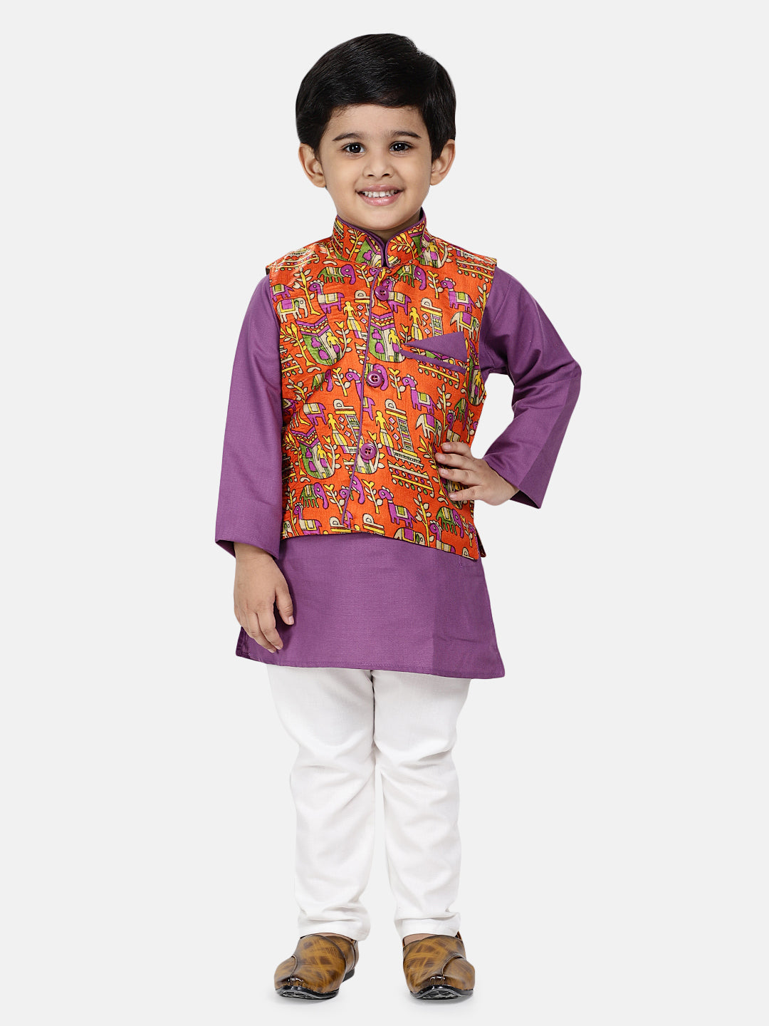 Bownbee Kurta Pajama with Village Art Waistcoat -Purple