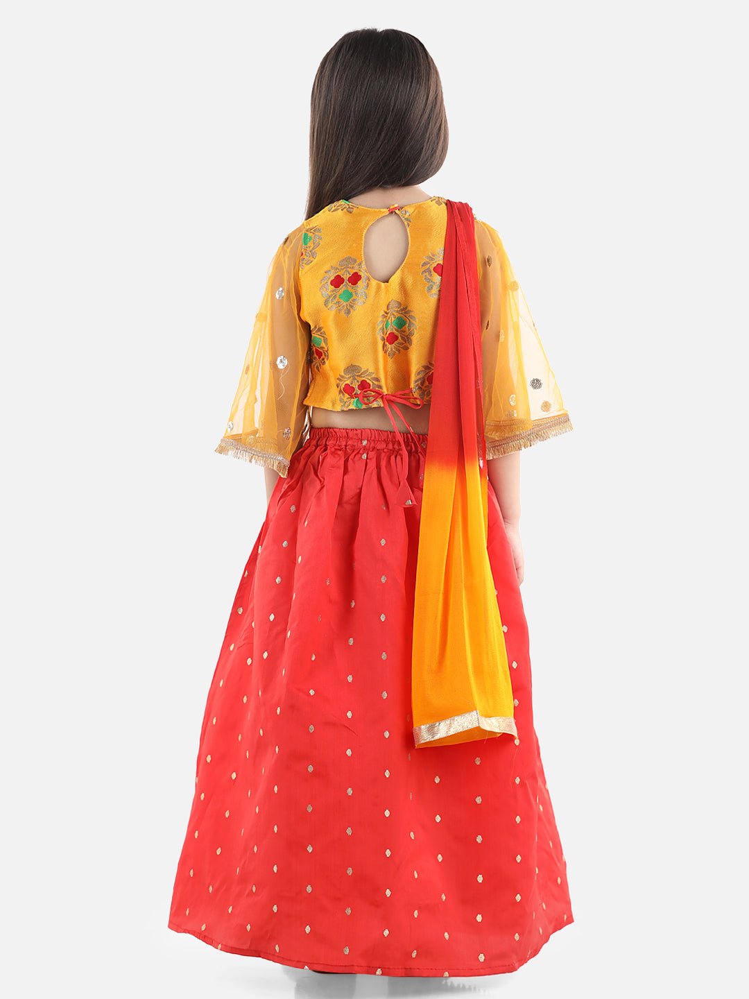 BownBee Flower Print Three Fourth Sleeves Choli With Dupatta & Lehenga Set - Yellow