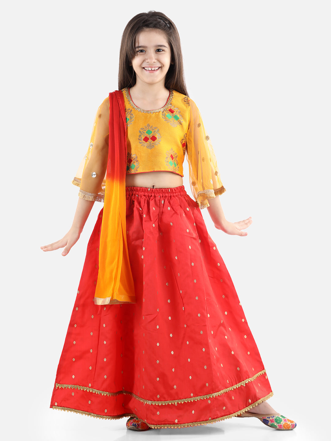 BownBee Flower Print Three Fourth Sleeves Choli With Dupatta & Lehenga Set - Yellow