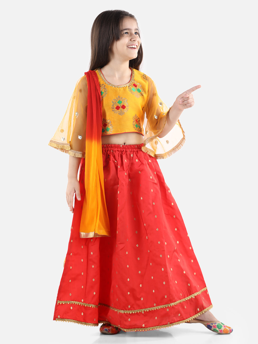 BownBee Flower Print Three Fourth Sleeves Choli With Dupatta & Lehenga Set - Yellow