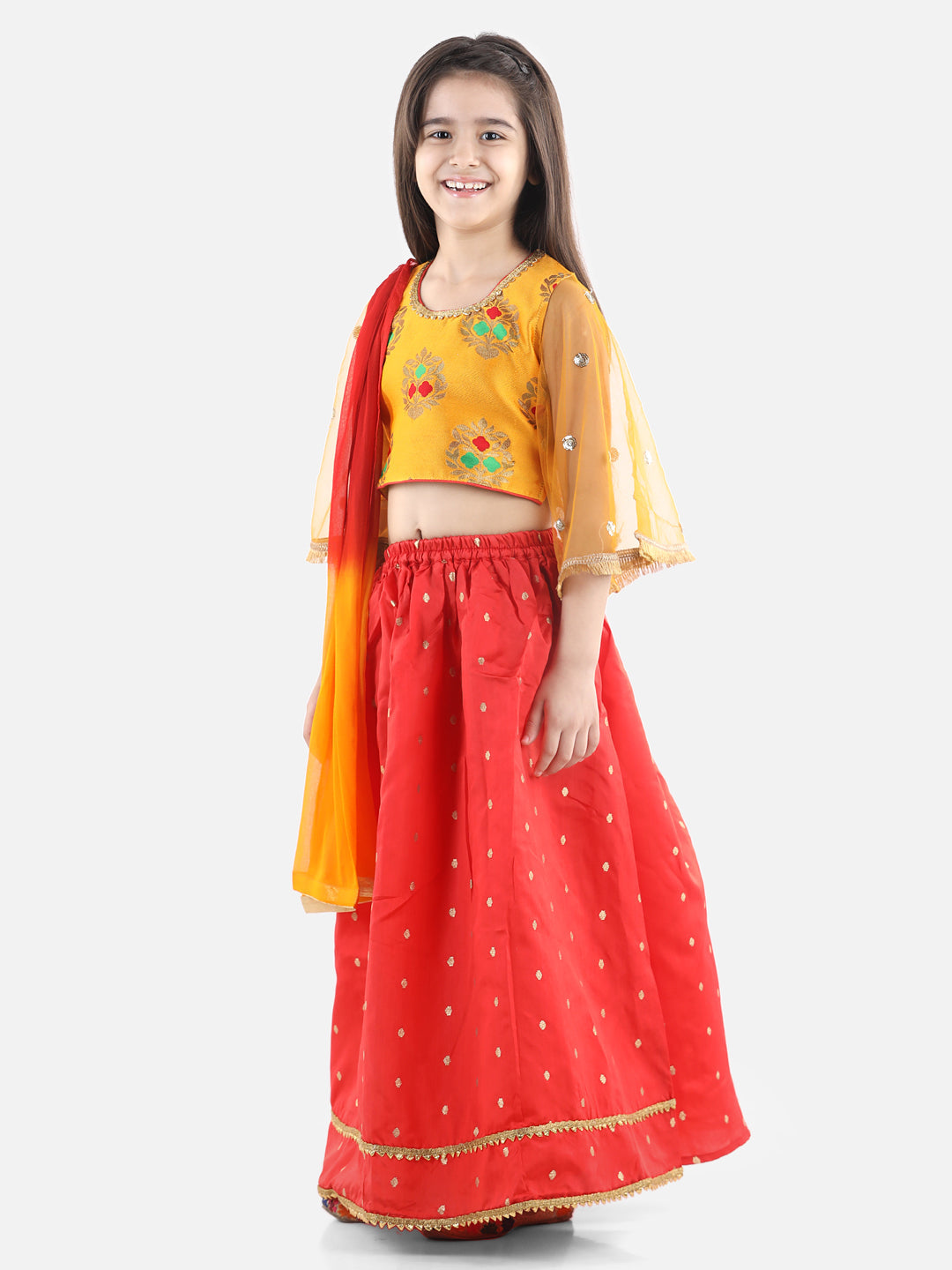 BownBee Flower Print Three Fourth Sleeves Choli With Dupatta & Lehenga Set - Yellow