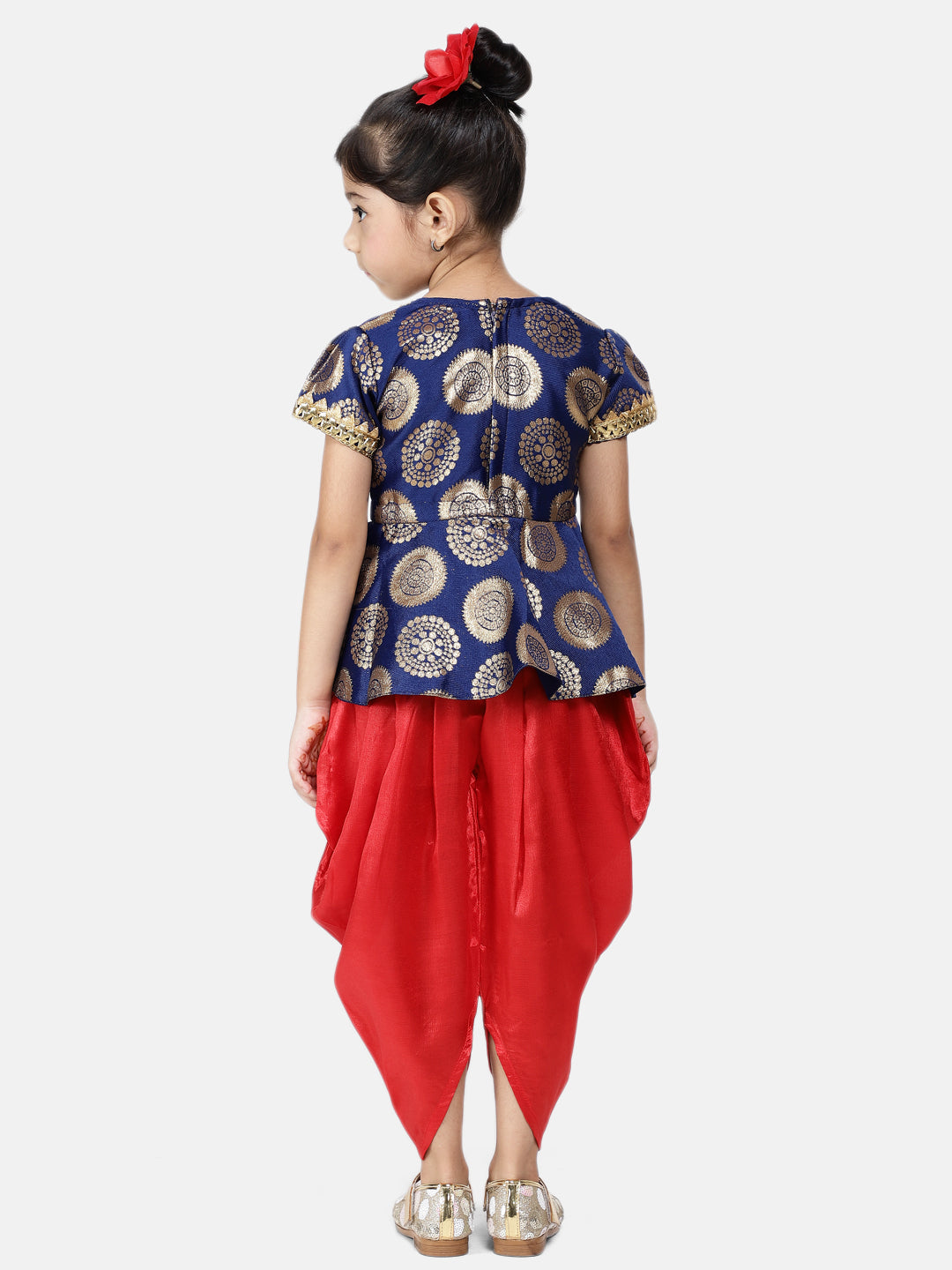 BownBee Printed Pom Pom Decorated Peplum Short Sleeves Top With Dhoti - Blue