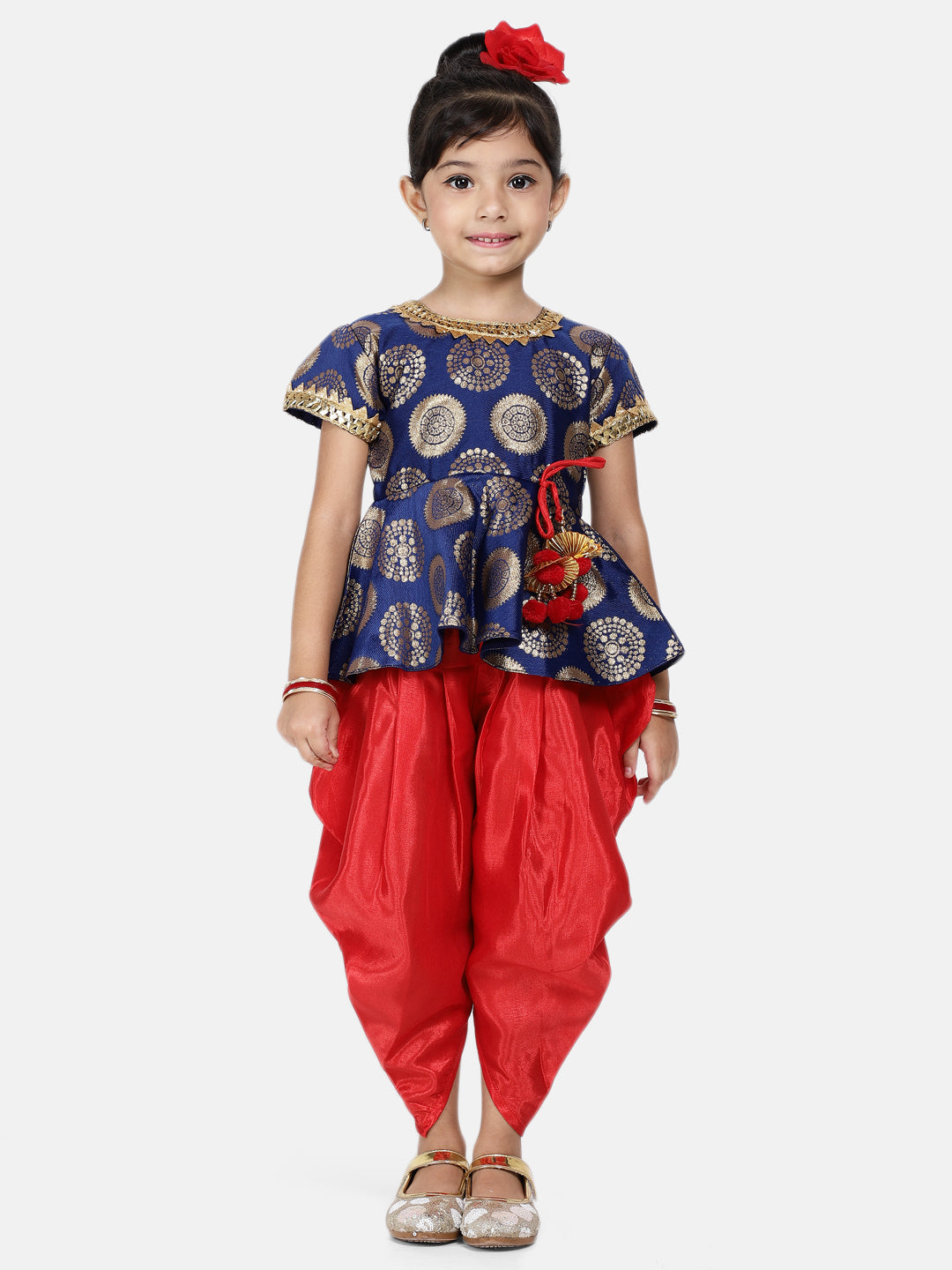 BownBee Printed Pom Pom Decorated Peplum Short Sleeves Top With Dhoti - Blue