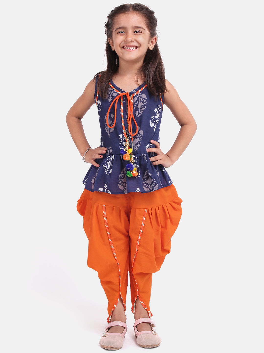 BownBee Sleeveless Jaipuri Flower Block Print Peplum Top With Dhoti - Blue & Orange