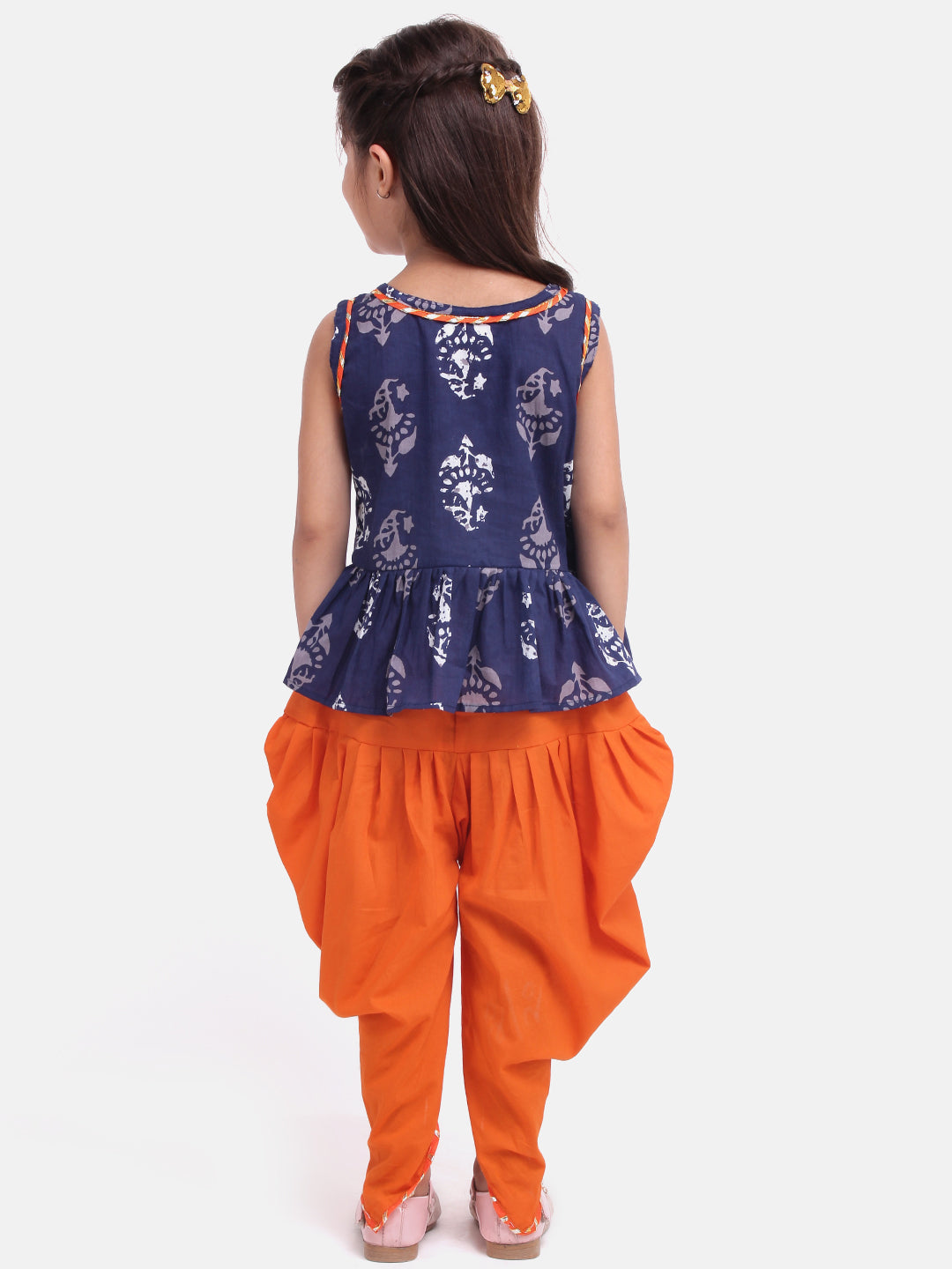 BownBee Sleeveless Jaipuri Flower Block Print Peplum Top With Dhoti - Blue & Orange