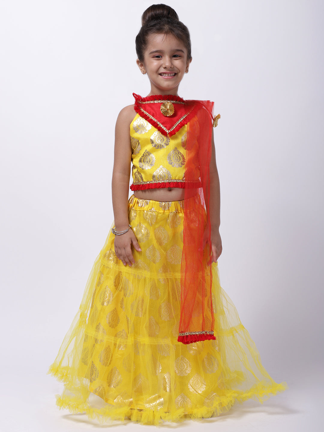 BownBee Sleeveless Foil Printed Singlet Sleeves Choli & Lehenga  With Dupatta Set - Yellow