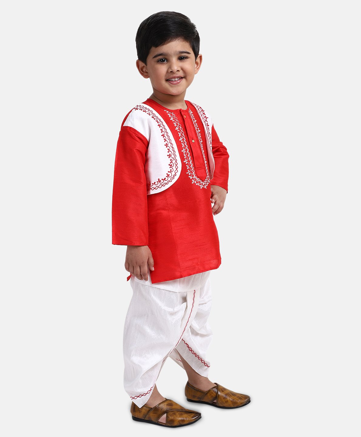 BownBee Embroidery Neckline Full Sleeves Kurta With Attached Jacket & Dhoti - Red