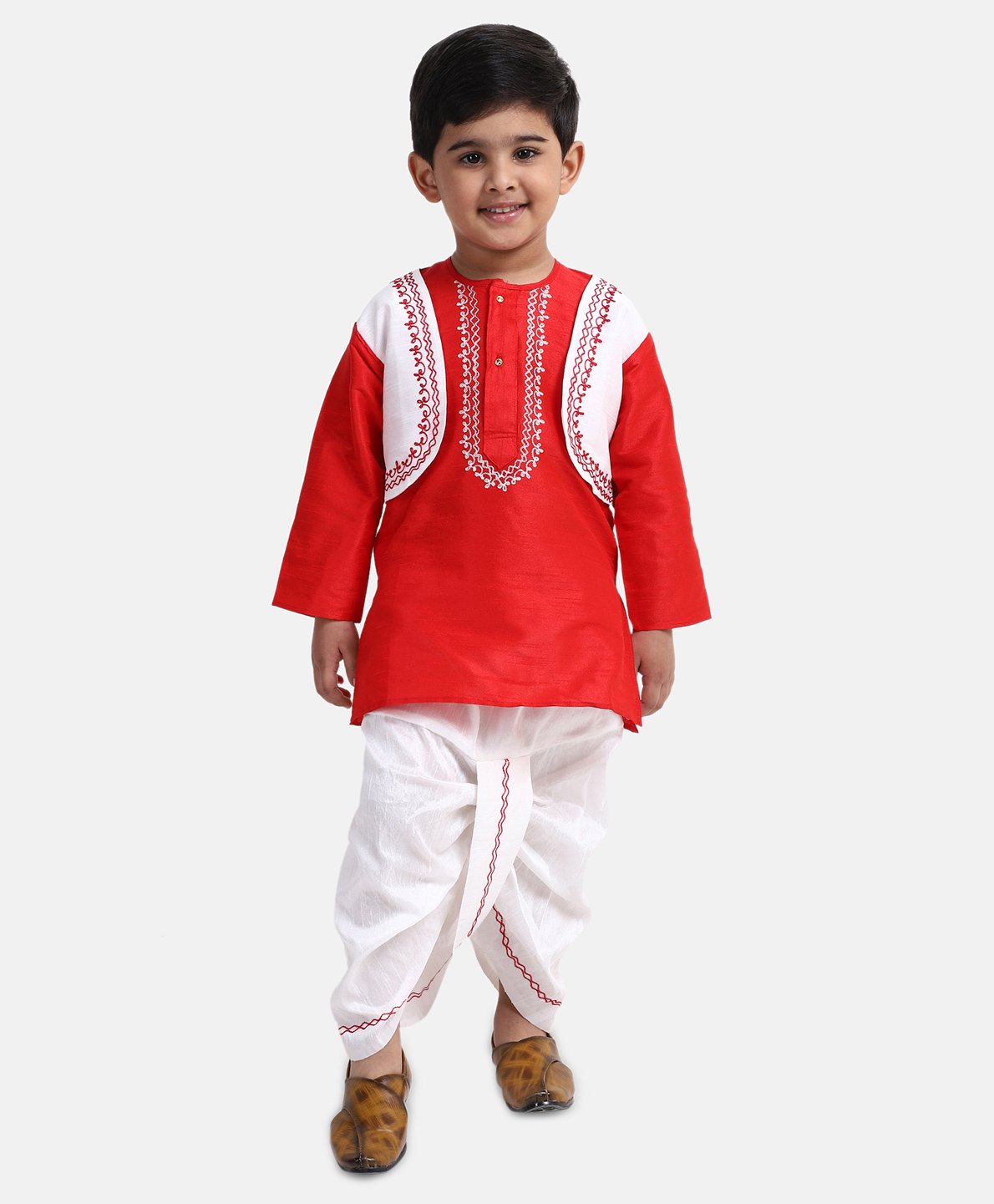 BownBee Embroidery Neckline Full Sleeves Kurta With Attached Jacket & Dhoti - Red