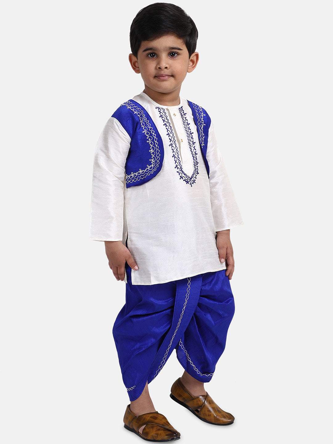 BownBee Embroidery Neckline Full Sleeves Kurta With Attached Jacket & Dhoti - White & Blue