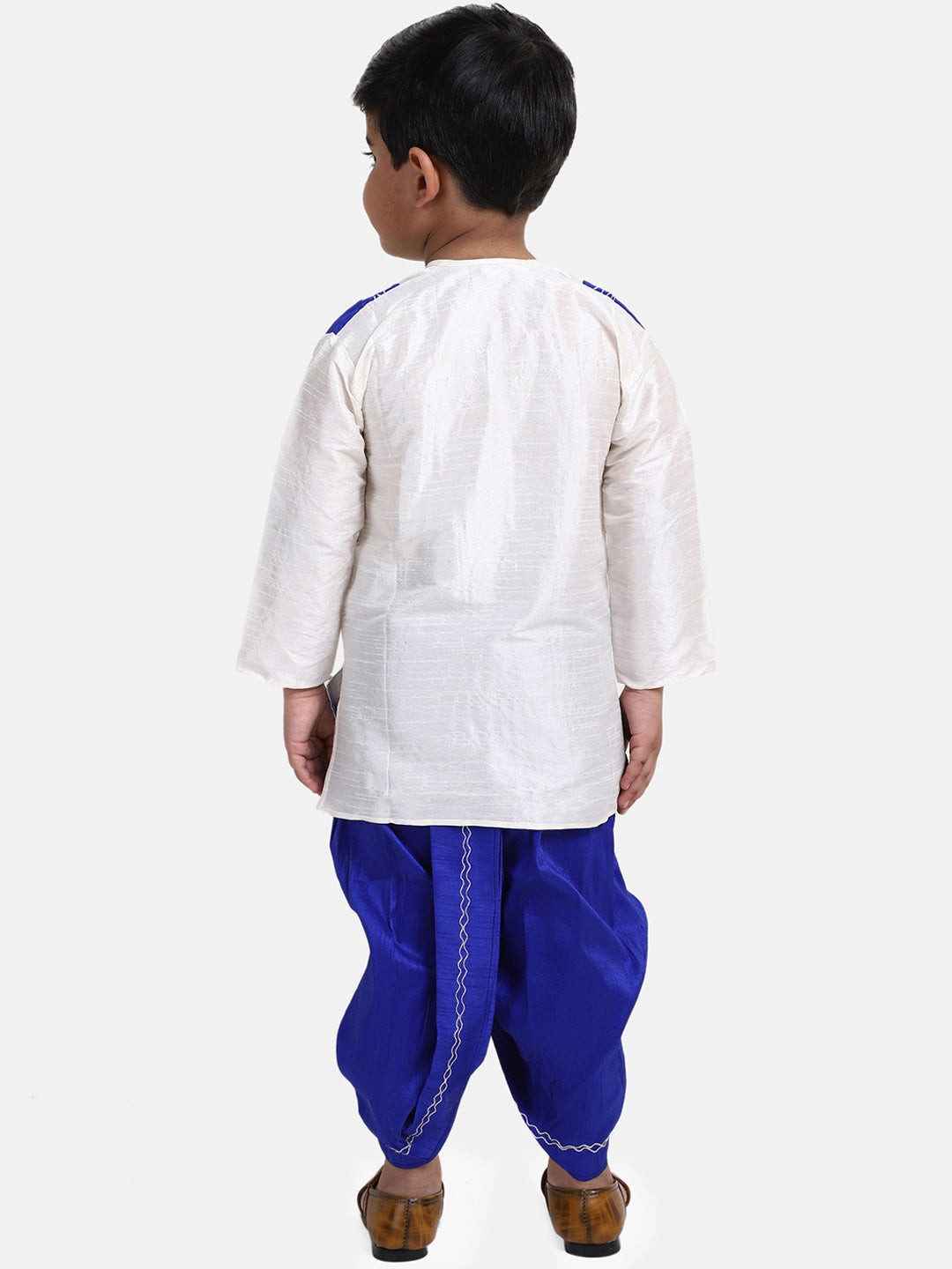 BownBee Embroidery Neckline Full Sleeves Kurta With Attached Jacket & Dhoti - White & Blue