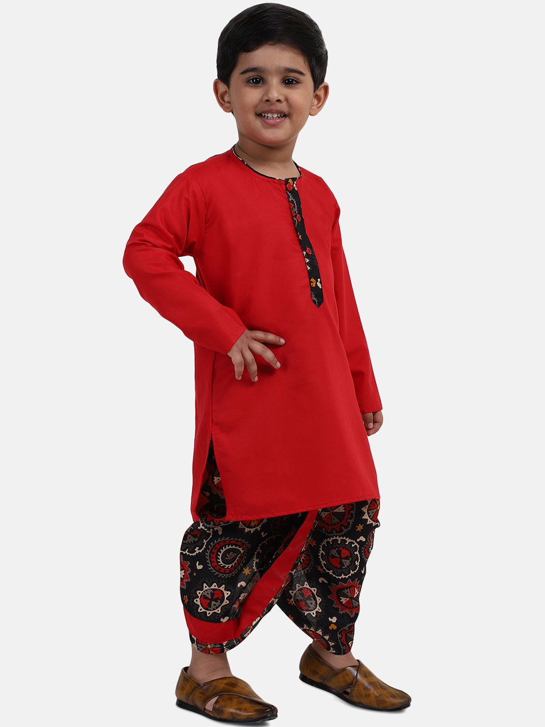 BownBee Full Sleeves Kurta & Printed Dhoti - Red