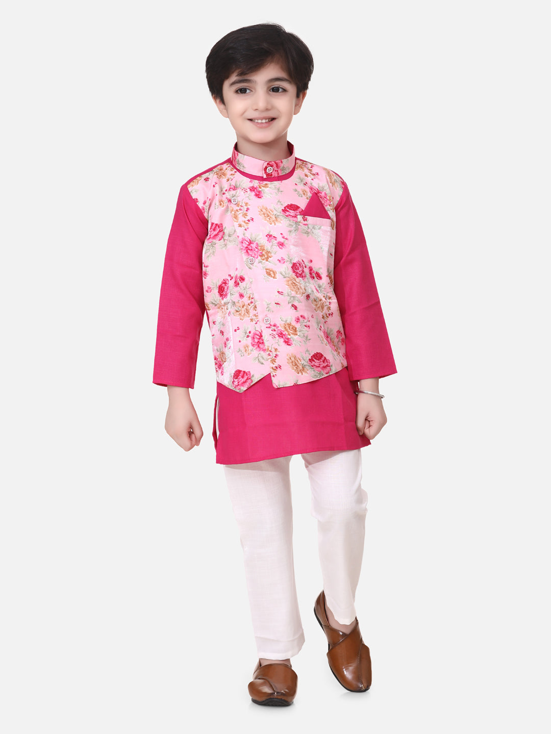 BownBee Full Sleeves Kurta With Attached Flower Printed Jacket and Pajama Sets Pink