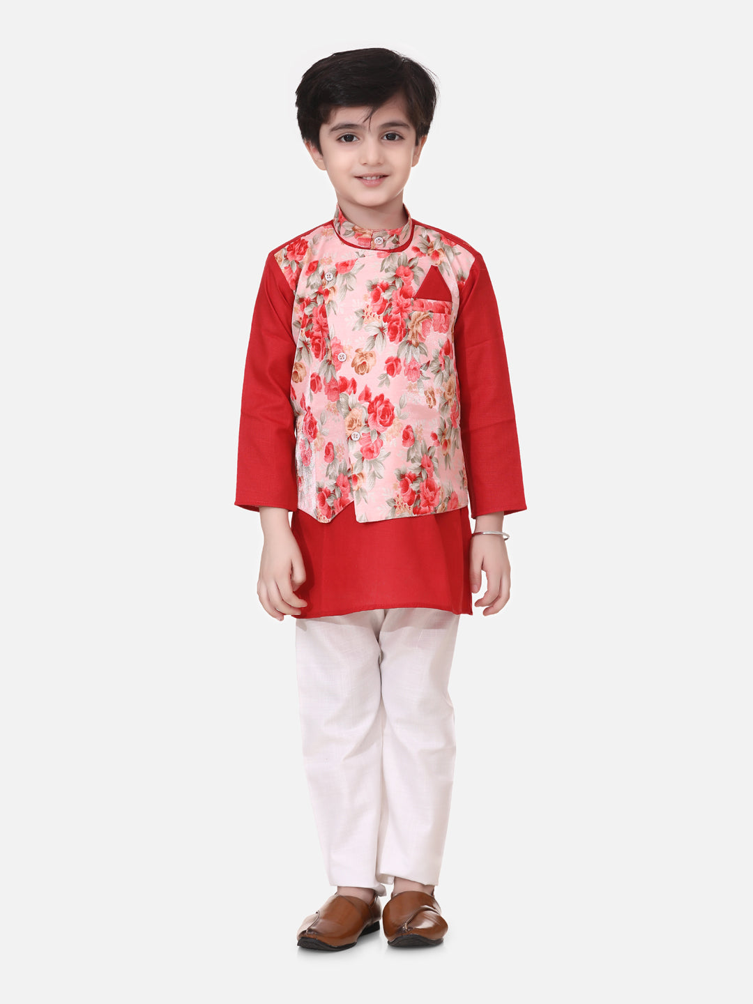 BownBee Full Sleeves Kurta With Attached Flower Printed Jacket and Pajama Sets - Red