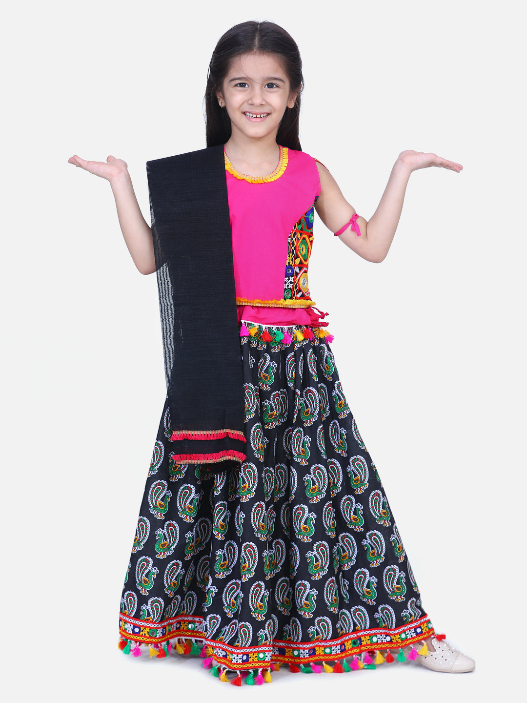 BownBee Girls Mor Print Chaniya Choli With Dupatta- Black