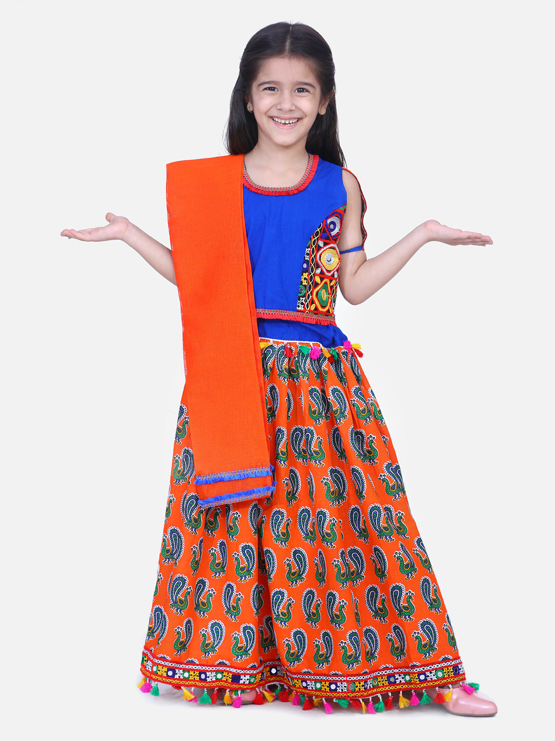 BownBee Girls Mor Print Chaniya Choli With Dupatta- Orange
