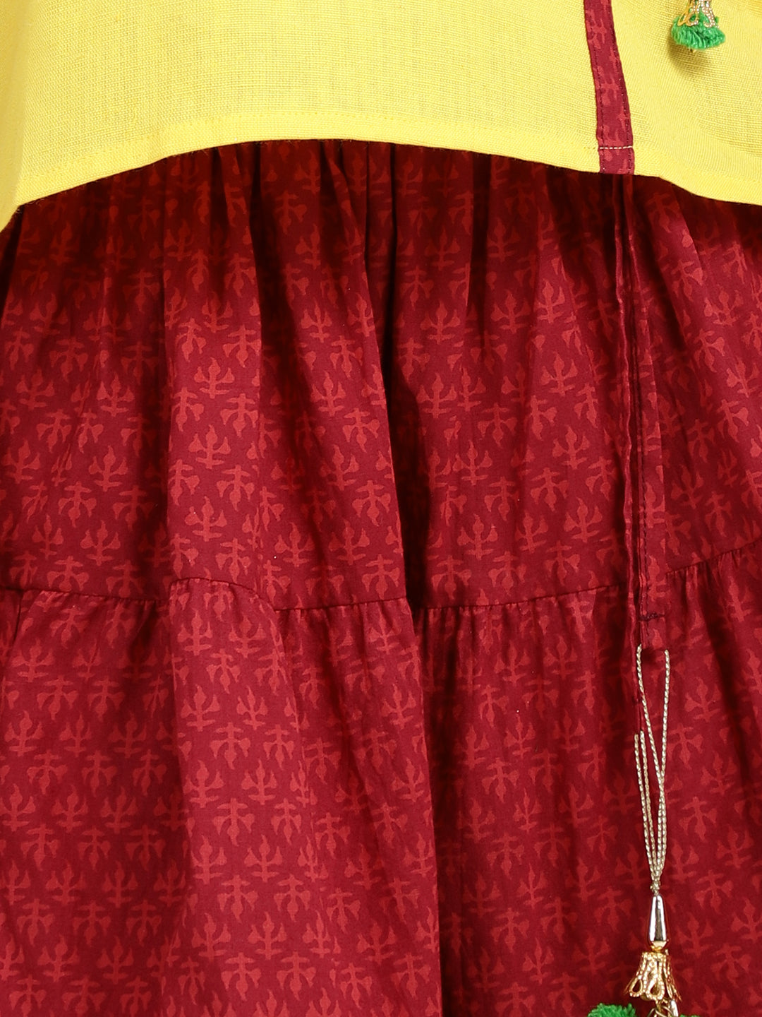 BownBee Sleeveless Knot Closure Top With Sanganeri Print Skirt - Yellow Red