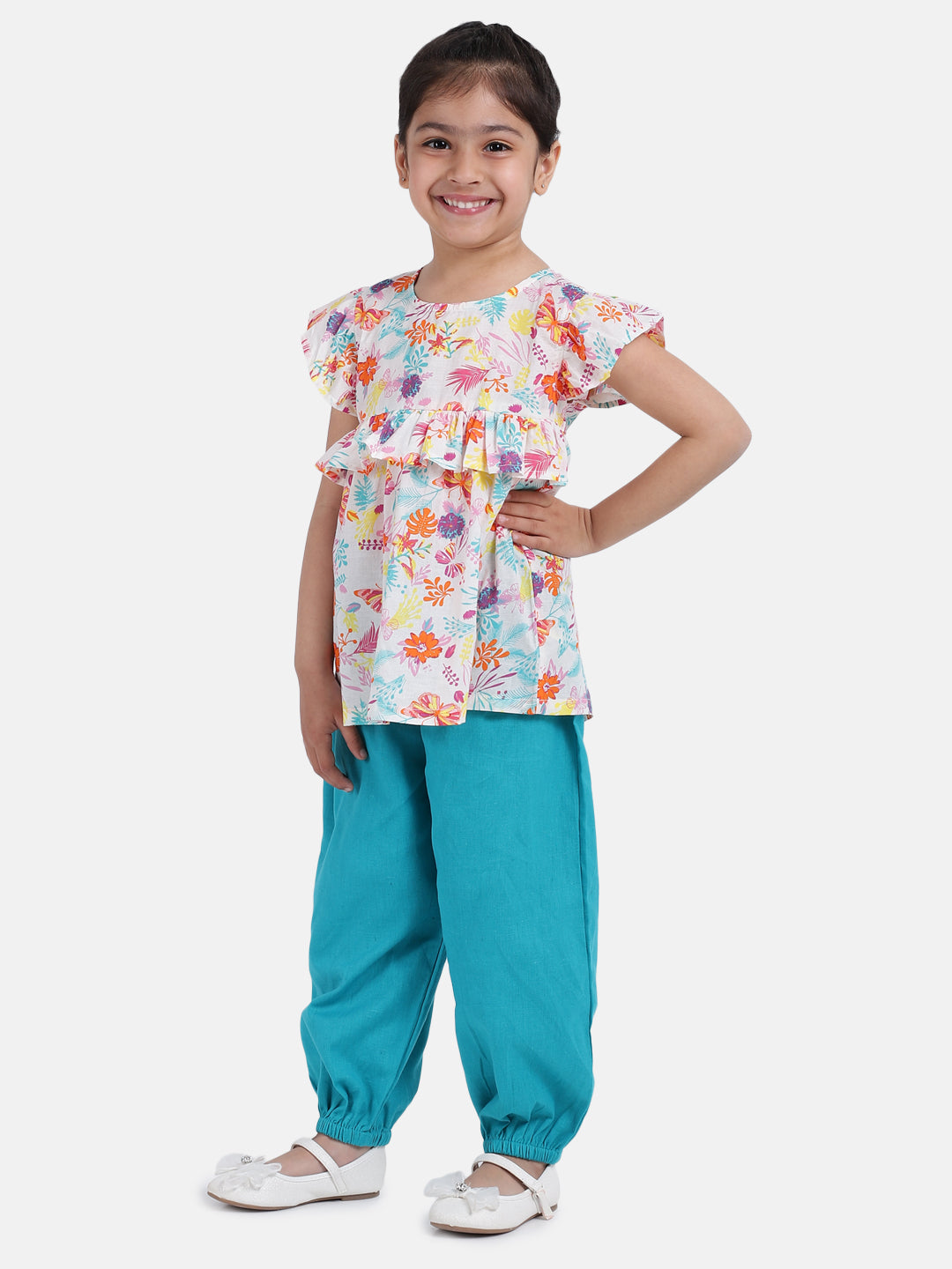 BownBee Ruffle Short Sleeves Flowers Printed Top With Pant Set- Super Sale