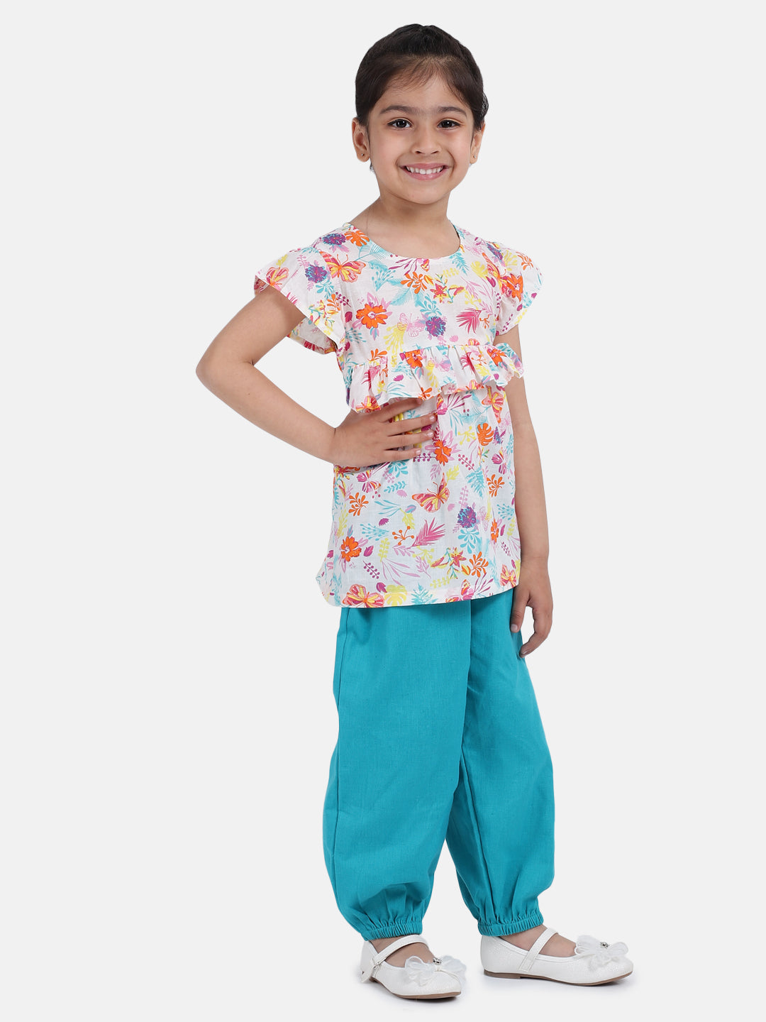 BownBee Ruffle Short Sleeves Flowers Printed Top With Pant Set- Super Sale