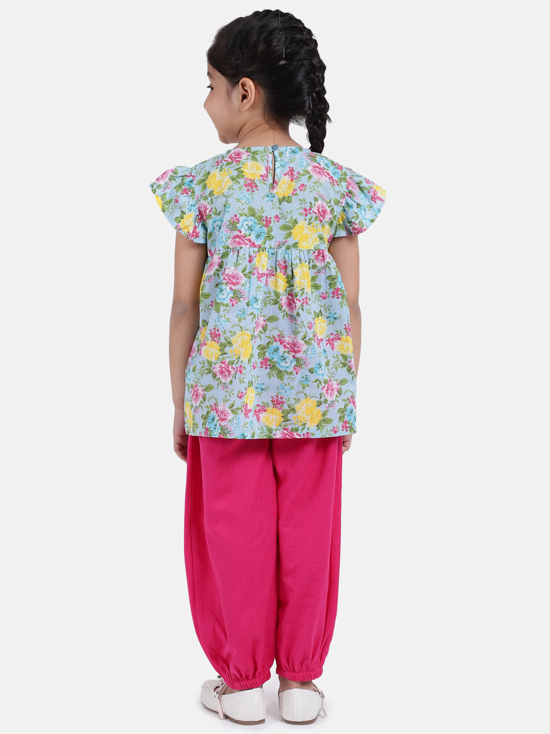 BownBee Ruffle Short Sleeves Flowers Printed Top With Pant-BownBee