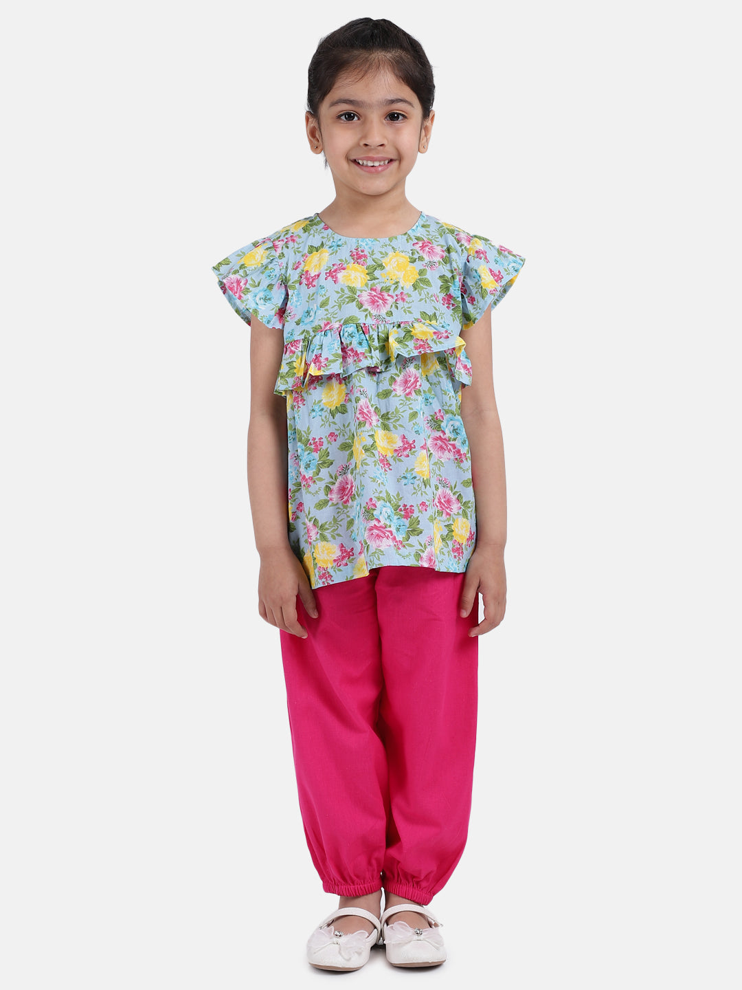 BownBee Ruffle Short Sleeves Flowers Printed Top With Pant-BownBee