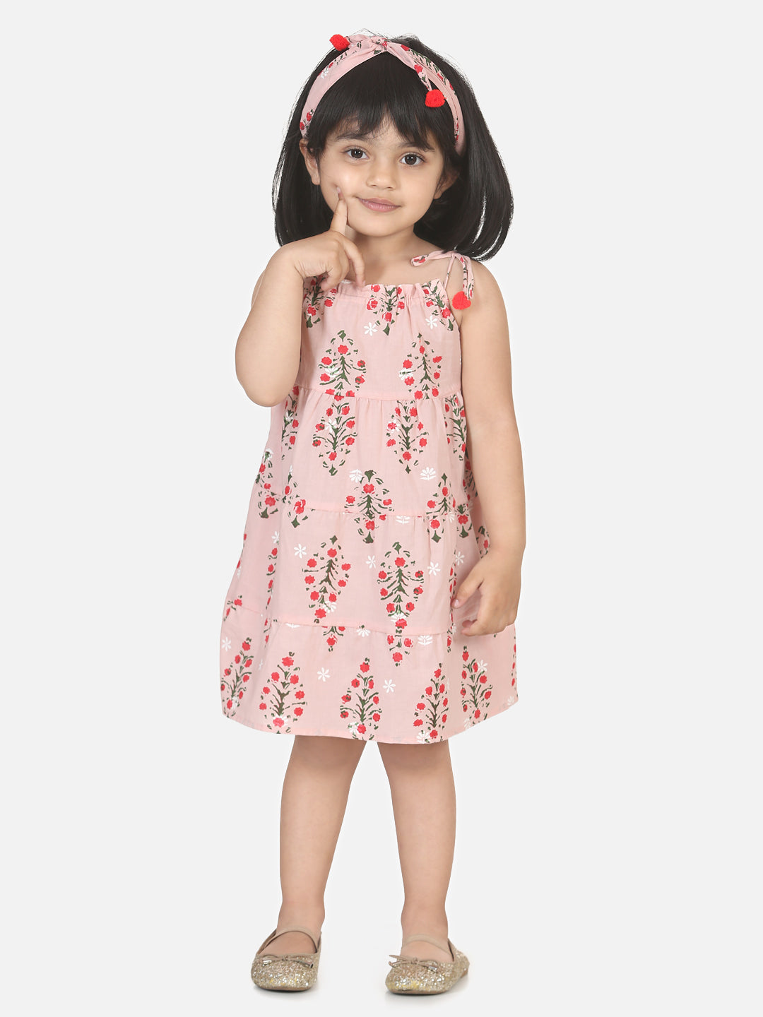 BownBee Block Print Tier Cotton Frock with Headband - Pink