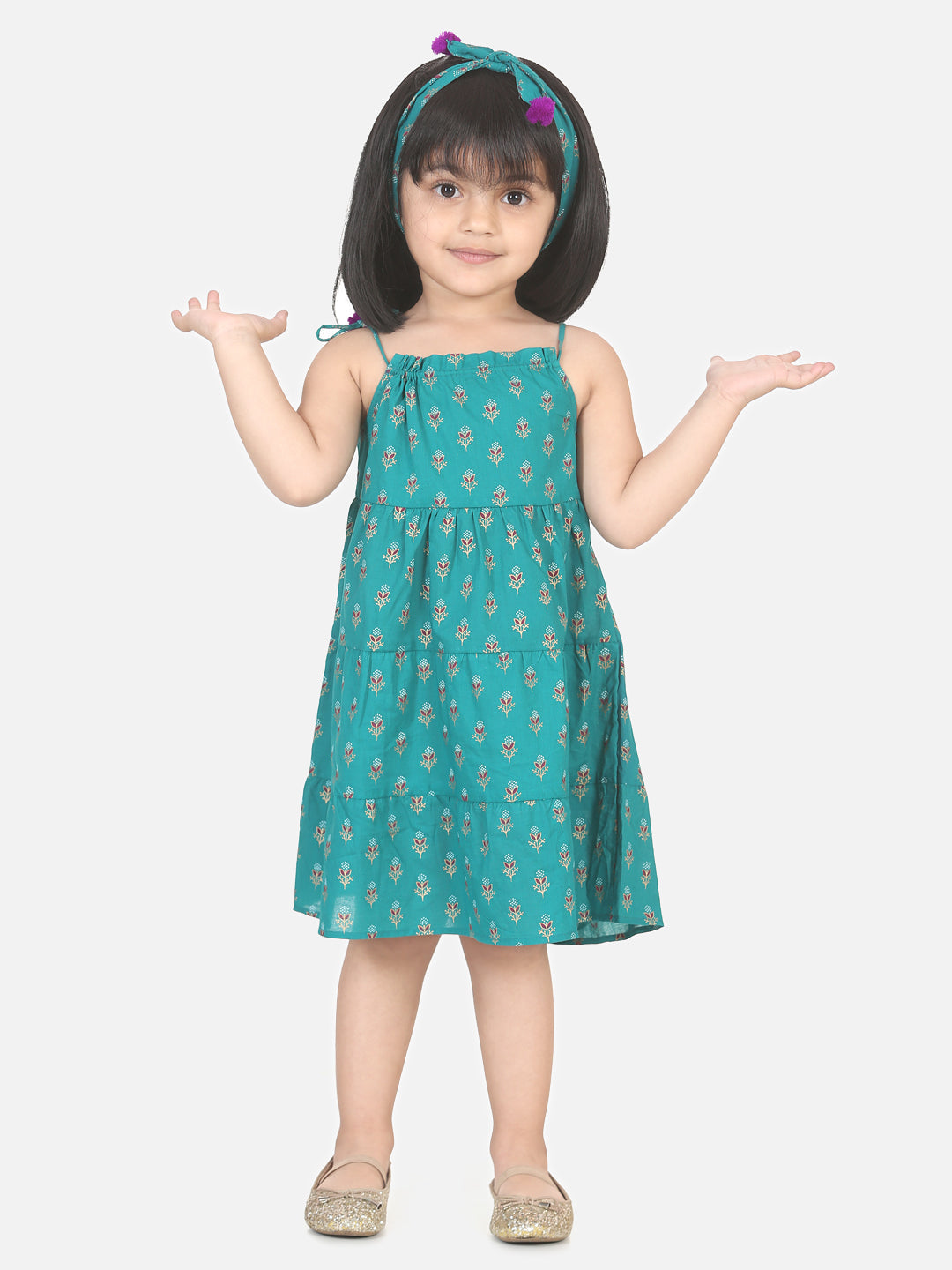 BownBee Block Print Tier Cotton Frock with Headband - Green
