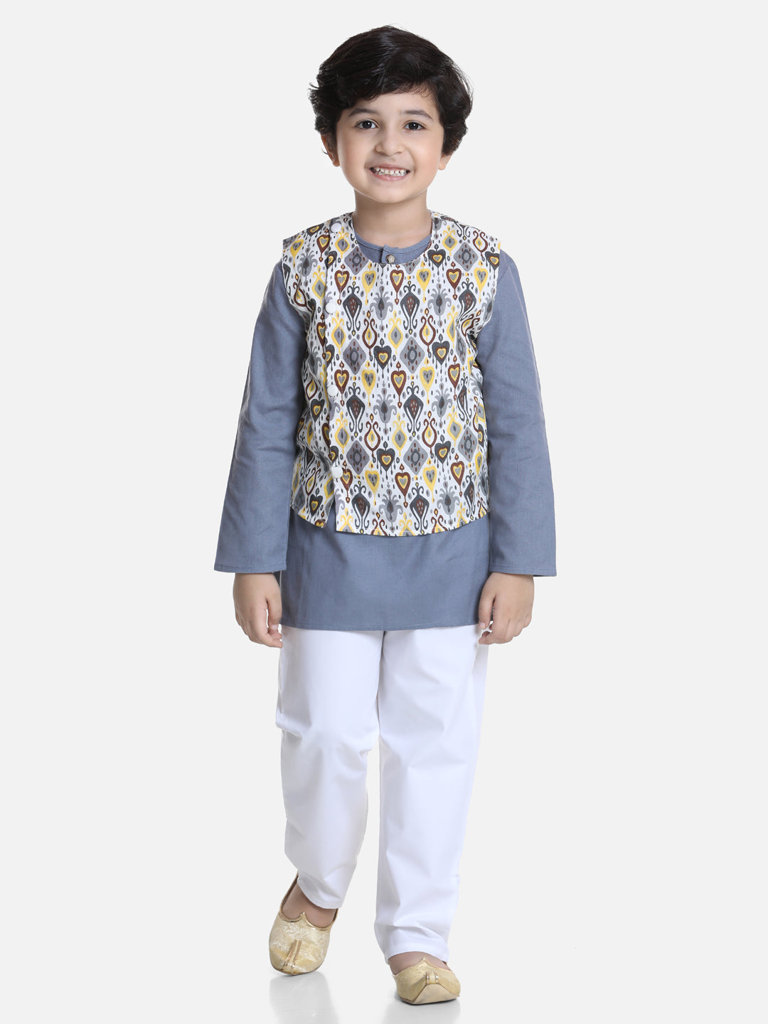 BownBee Full Sleeves Printed Attached Jacket Kurta & Pyjama Set - Grey