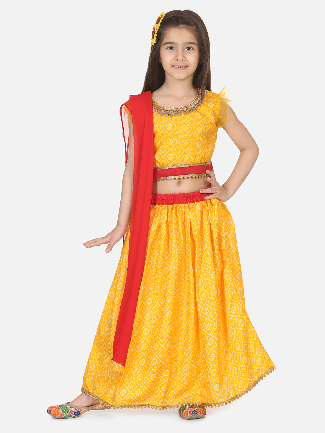 BownBee Cap Sleeves Gota Lace Embellished Bandhej Choli With Coordinating Lehenga  Dupatta-Super Sale