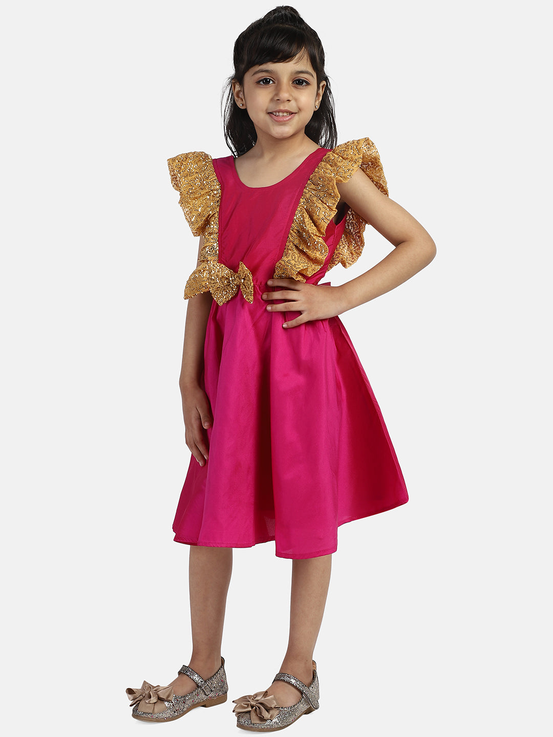 BownBee Sleeveless Frilly Sequined Bow Fit & Flared Party Dress
