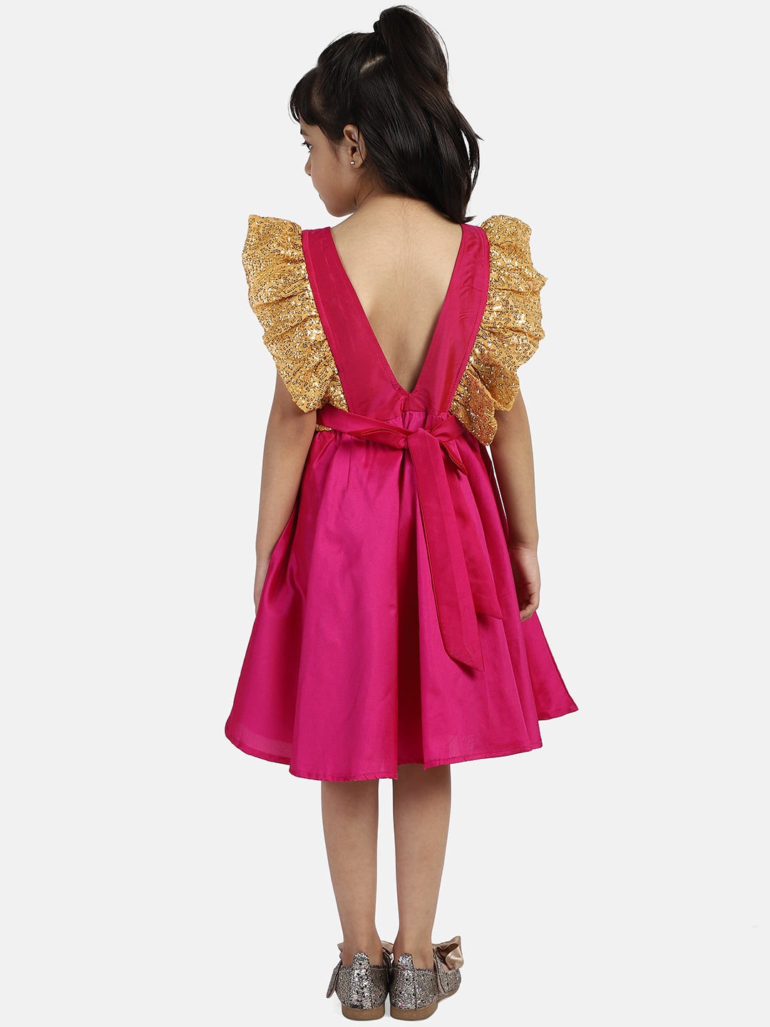 BownBee Sleeveless Frilly Sequined Bow Fit & Flared Party Dress