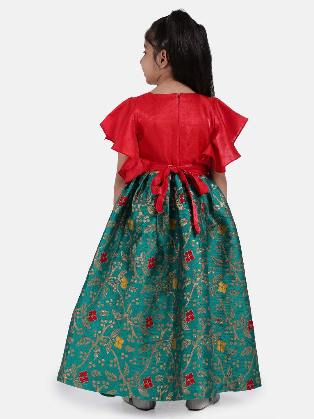 Ruffle Sleeve Taffeta Silk Party Gown- Green