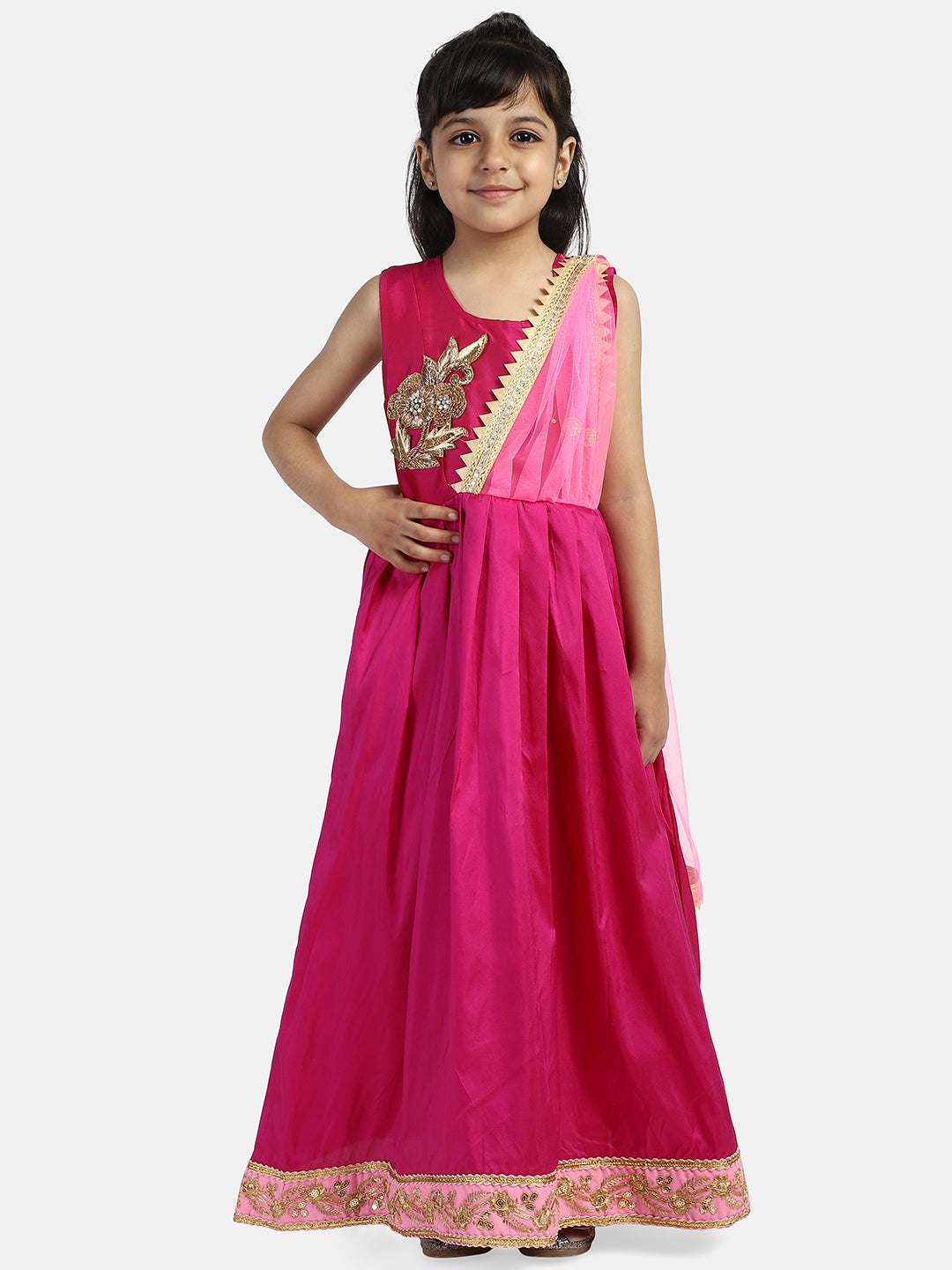 BownBee Sleeveless Flower Embellished Flared Gold Linen Party Gown - Pink