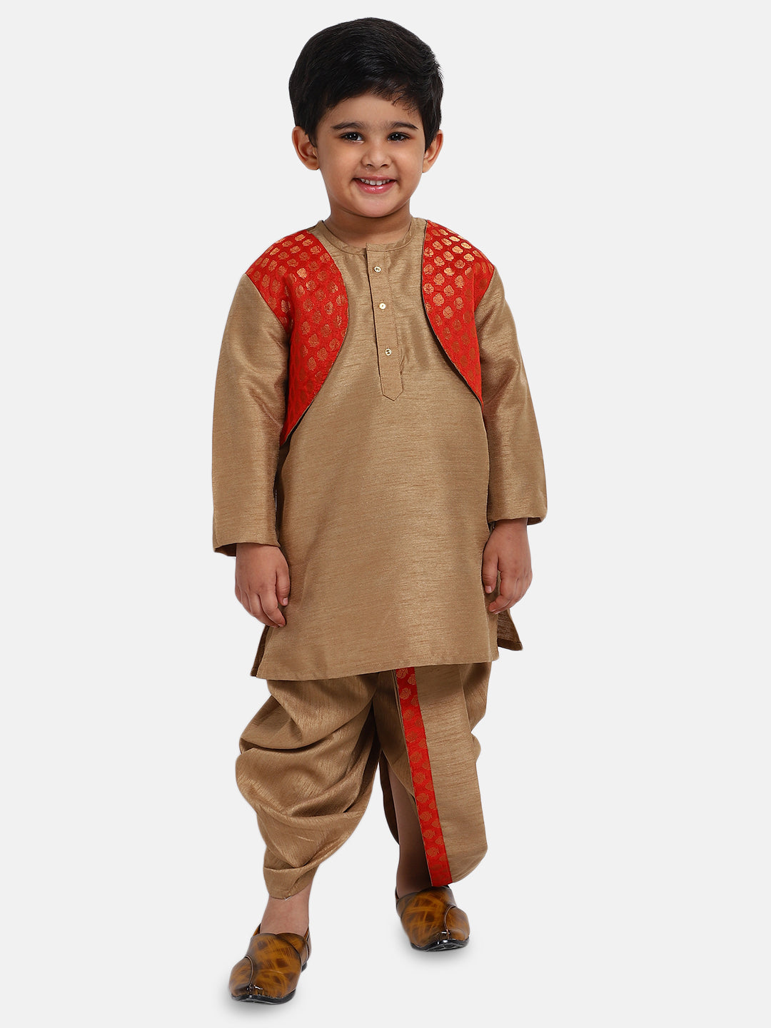BownBee Full Sleeves Kurta With Attached Jacquard Jacket & Dhoti Set - Brown